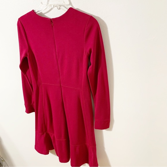 Ann Taylor LOFT Round Neck Jersey Knit Long Sleeve Dress  Ruffled Hem Raspberry - Picture 6 of 10